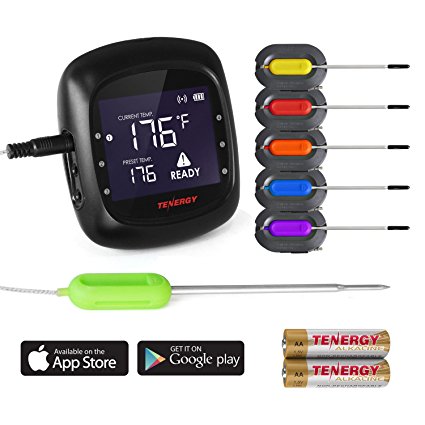 Tenergy Solis Digital Meat Thermometer, APP Controlled Wireless Bluetooth Smart BBQ Thermometer with 6 Stainless Steel Probes and Large LCD Display, Cooking Thermometer for Grill and Smoker