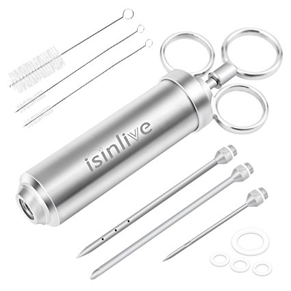 Isinlive Meat Injector Marinade Meat Injector Syringe Kit Stainless Steel Flavor Injector with 3 Marinade Needles for Food BBQ