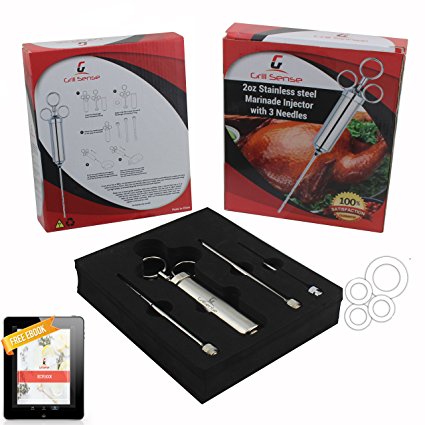 Grill Sense 304 Stainless Steel Meat Injector Kit with 2-oz Large Capacity Barrel and 3 Professional Marinade Needles