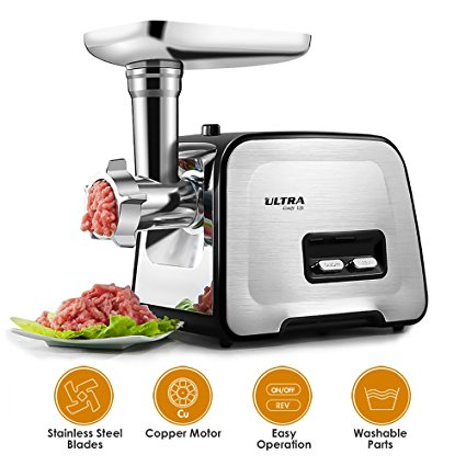 Electric Meat Grinder - Stainless Steel Meat Mincer & Sausage Stuffer, 3 Different Cutting Plates, Sausage & Kubbe Kit Included, Home & Commercial Use, Reversal Function, 2000W Max