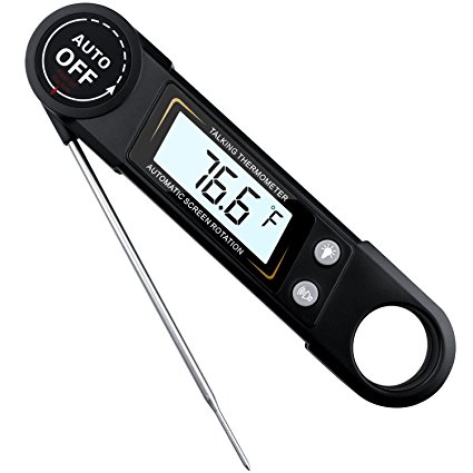 Meat Thermometer Foldable Digital Ultra Fast Talking Instant Read Thermometer With Calibration and Backlit Function for Cooking,Kitchen, BBQ, Grill (Black)