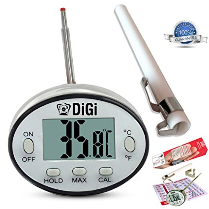 Digital Meat Thermometer with Instant Read - Thin Stainless Steel Probe for Cooking and Grilling Food to Perfection - Kitchen Candy and BBQ Internal Temperature Guide Plus Side Clip for Liquids.