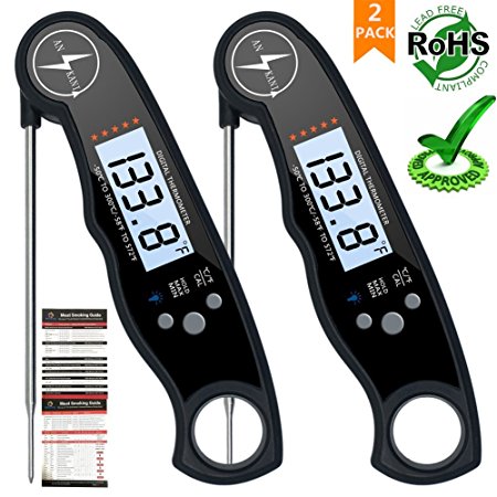 ANSKANI Instant Read Meat Thermometer - Chef Waterproof Kitchen Thermometer with Backlight & Calibration. Digital Food Thermometer for Kitchen, Outdoor Cooking, BBQ, and Grill!(2 Pack)