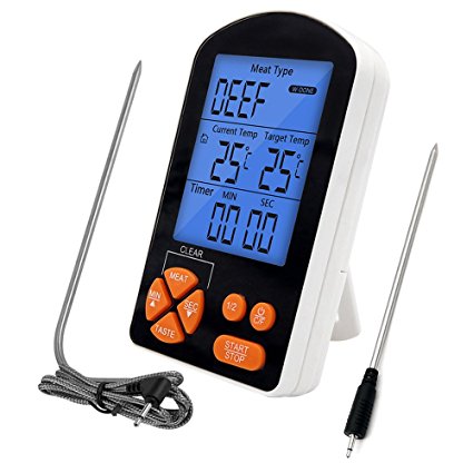 Xboun Meat Thermometers, Digital Cooking Food Meat Thermometer with Dual Probe & Built-in Clock Timer for Smoker Grill BBQ Thermometer