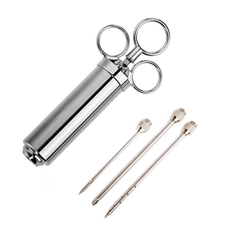 Professional Meat Injector Kit by Ozetti - Stainless Steel - 2 Oz. Large Capacity Marinade Injector - Create the Juiciest Meats, Turkey, BBQ Meals - Includes 3 Meat Injector Needles