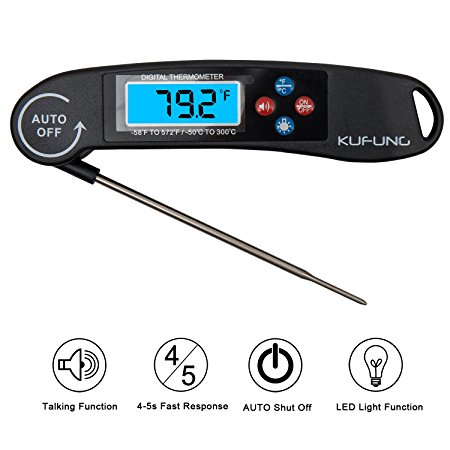 KUFUNG Digital Talking thermometer, Instant BBQ thermometer with Back Light&collapsible probe&Auto shut off for Barbecue, Baking, Cooking, Meat and Liquids