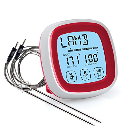 HOME CIRCLES Grill, Smoker, BBQ, or Oven Touchscreen Meat Probe Thermometer - Best Accurate & Digital With 2 stainless steel probes for Steak Pork Chicken... (Red)