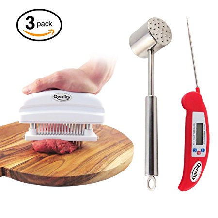 Meat Tenderizer Set. Contains: 48- blade stainless steel Tenderizing tool; Tenderizing Hammer and 1 Meat Thermometer added as a GIFT. The perfect set for a delicious meal.