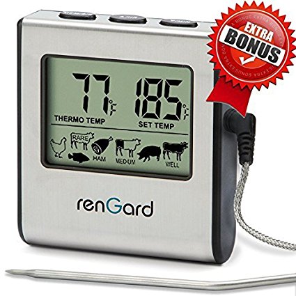 RenGard RG-16 Cooking Digital Meat Probe Thermometer with Alarm and Stainless Steel Temperature Probe - Instant Read Barbecue Smoker Grill Oven Thermometer - Bring the flavor of deluxe recipes to you!