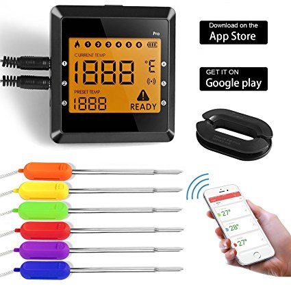 Meat Thermometer - BUKELERN Smart BBQ Thermometer | Wireless Bluetooth Digital Cooking Thermometer APP Control Operating Range up to 196ft | for Grill Oven Kitchen Cooking with 6 Stainless Steel Probe