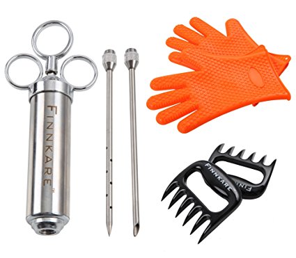 Finnkare Stainless Steel Meat Seasoning Injector Marinade Plus Including BBQ Gloves Cooking Plus Heat Resistant Silicone and Meat Shredding Claws Superior Value BBQ Tool Set