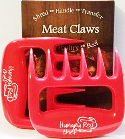 Hungry Red Chef Red Meat Handler Claws Fork Tongs Shred Lift Toss Transfer Grill BBQ Kitchen 2pc Includes Bonus Recipe eBook.