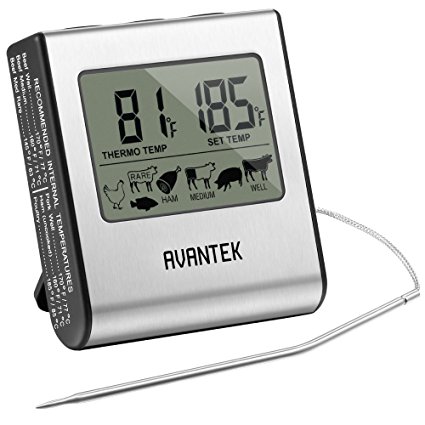 AVANTEK Large LCD Digital Kitchen Food Cooking Meat Thermometer with Built-in Timer and Remote Alarm, Instant Read with Stainless Steel Probe for Oven, Grill, BBQ and Smoker