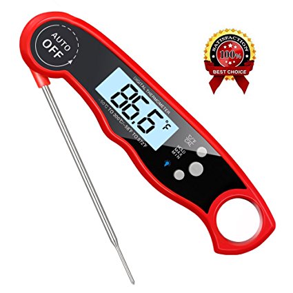 Instant Read Meat Thermometer Waterproof Thermometer with Large Backlit LCD Calibration and Backlight Functions Thermometer for BBQ. Meat. Tea. Milk. Soup. (red)