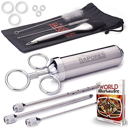 The Sapores Supreme Marinator Set - 2 Ounce 304 Stainless Steel Meat Injector, Baster Grill Brush and Cleaning Brushes - 100% Stainless Steel, BPA Free Food Grade Material