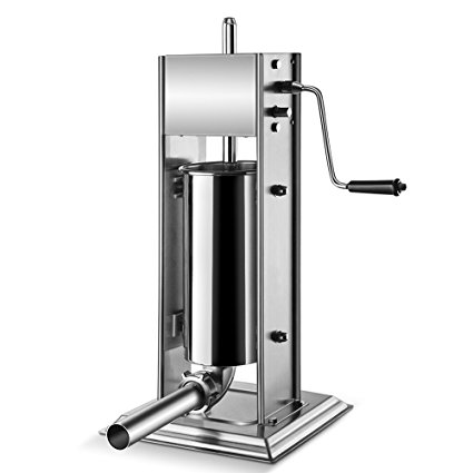 Flexzion Sausage Stuffer Maker Grinder Filler - (5L) 15 Lb Vertical Stainless Steel Two Speed Homemade & Commercial Grade Hand Crank Meat Press Machine Equipment with 4 Stuffing Tube Attachment