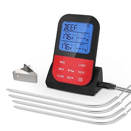 Meat Thermometer for Grilling, Wireless Remote Thermometer Digital Cooking Food Thermometer with 4 Stainless Steel Probes, Clock Timer for BBQ Smoker Oven Kitchen