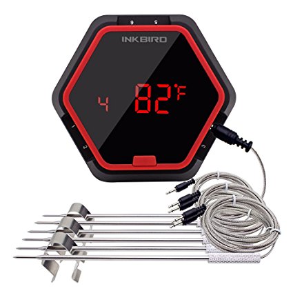 Inkbird Grilling BBQ Oven Smoker Meat Bluetooth Wireless Thermometer 150ft Digital 50 meters Cooking Barbecue C/F Display with Stainless Steel Probe (6 Probes, Red)