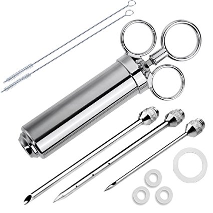 Meat Injector Syringe, JY OUTDOOR 2-oz Marinade Flavor Injector 304 Stainless Steel with 3 Professional Needles,2 Cleaning Brushes and 4 Silicone O-rings