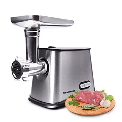 Homeleader Electric Meat Grinder, Stainless Steel Meat Mincer Sausage Stuffer with 3 Grinding Plates, Sausage Making Kit,Blade and Kubbe Attachment, Silver