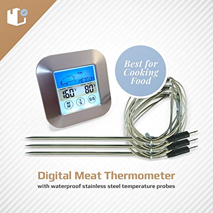 Color Instant Read Digital Meat Thermometer | 3 Waterproof Stainless Steel Temperature Probes | Best for Cooking Food in Ovens, BBQ, Smoker and Grilling Red or White Meat, Turkey, Even Candy, Silver