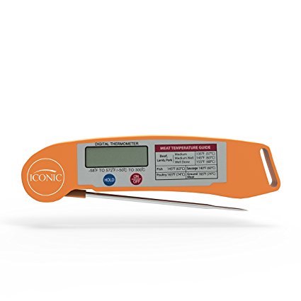 Iconic Instant Read Digital Meat Thermometer with Fold-Away Probe and Precision LED Temperature Gauge; Orange, Impact Resistant Thermoplastic Shell.