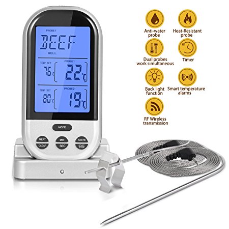 Wireless Remote Dual Probe Meat Thermometer Instant Read Timer Thermometer with LCD Screen Stainless Steel Temperature Probe for Cooking Grilling Oven BBQ (Silver)