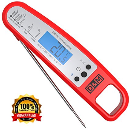 D&M Digital Meat Thermometer – Instant Read & Foldable - Ideal as Internal Meat Thermometer, Grill Thermometer, Cooking or Kitchen Thermometer – Food-safe Sturdy Steel Meat Thermometer Probe, Red